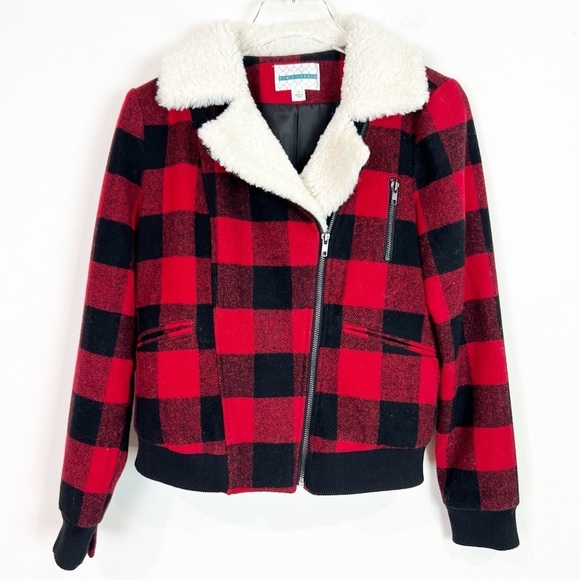 PIM+LARKIN RED BLACK BUFFALO PLAID FLANNEL FLEECE MOTO ZIP JACKET WOMENS SMALL - Picture 1 of 4